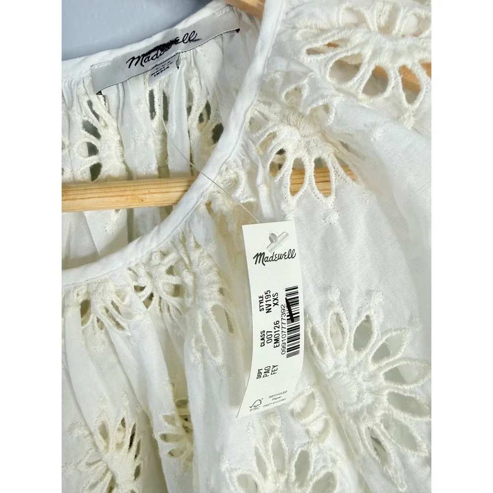 Madewell Embroidered Shirred Puff-Sleeve Top‎ Floral Eyelet XXS NWT